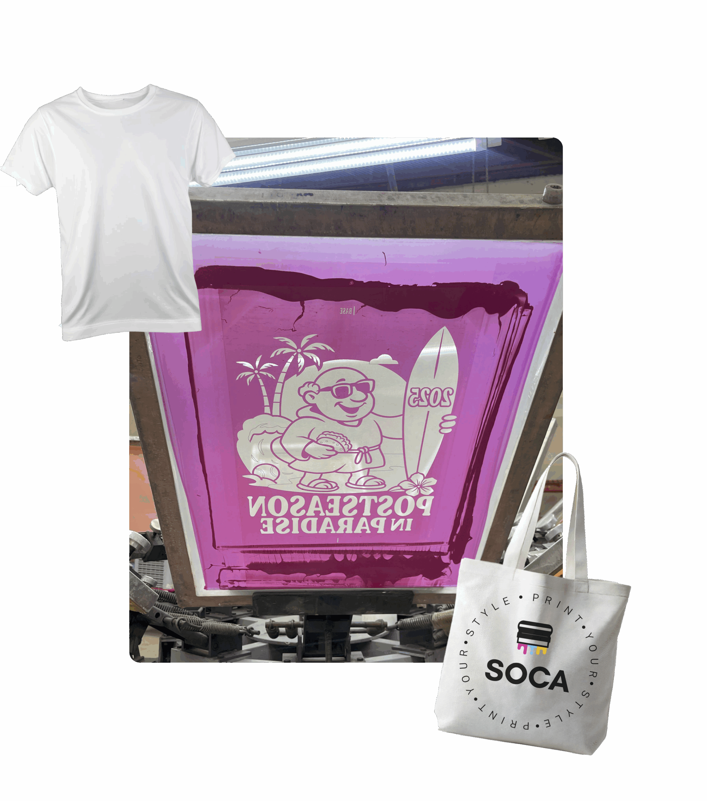 custom screen printing postseason baseball with surfboard, blank tshirts and custom printed bags